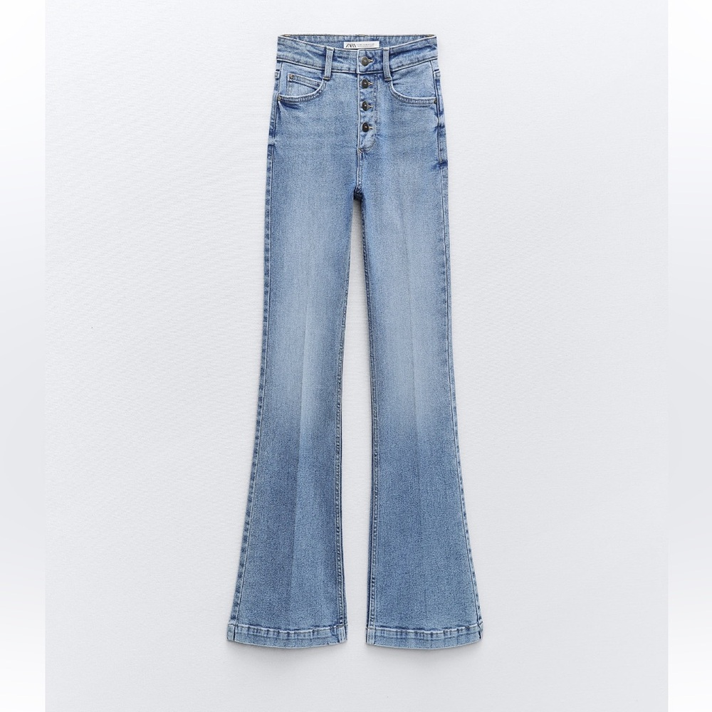 ZARA High-waisted flare jeans Z1975 (8)with gold button-button fly. Altered—>5-6
